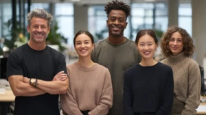 Eine Gruppe diverser Arbeitskollegen schaut lächelnd in die Kamera.