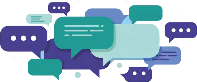 Mehrere überlappende Sprechblasen in verschiedenen Farben als Symbol für Chat und digitale Kommunikation