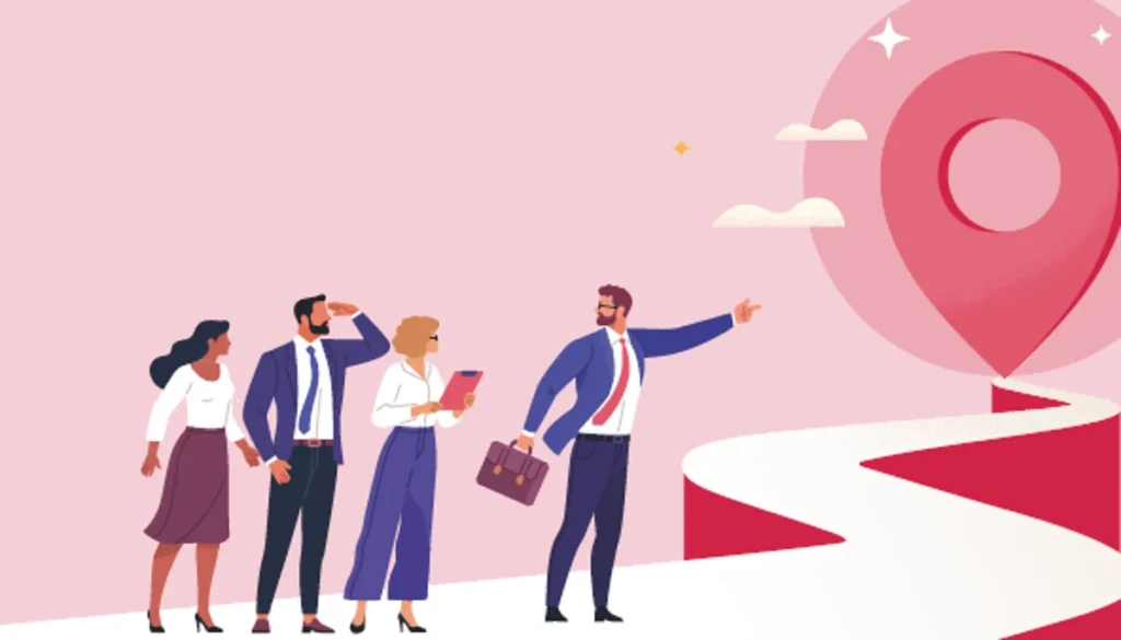 Geschäftsleute auf dem Weg zu einem Ziel als Symbol für strategische Ausrichtung der Karriere