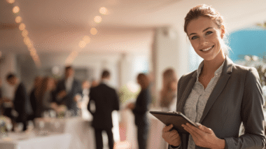 Assistenz mit iPad bei Firmenveranstaltung, Symbol für Betreuung des Firmenevents