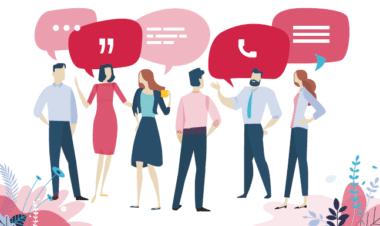 Menschen im Austausch mit Sprechblasen als Symbol für Kommunikationsmuster und moderne Führung im Team