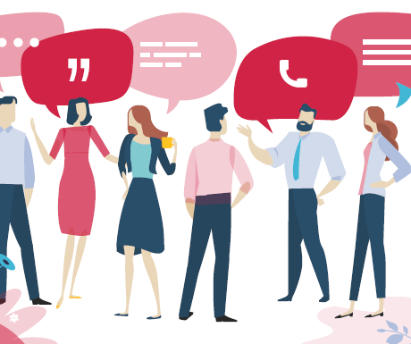 Menschen im Austausch mit Sprechblasen als Symbol für Kommunikationsmuster und moderne Führung im Team
