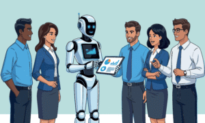 Computeranimiertes Bild eines Office-Teams in Business-Outfits und in ihrer Mitte steht ein stilisierter Roboter mit iPad.