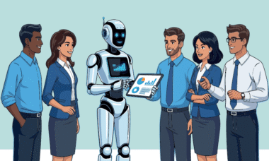 Computeranimiertes Bild eines Office-Teams in Business-Outfits und in ihrer Mitte steht ein stilisierter Roboter mit iPad.