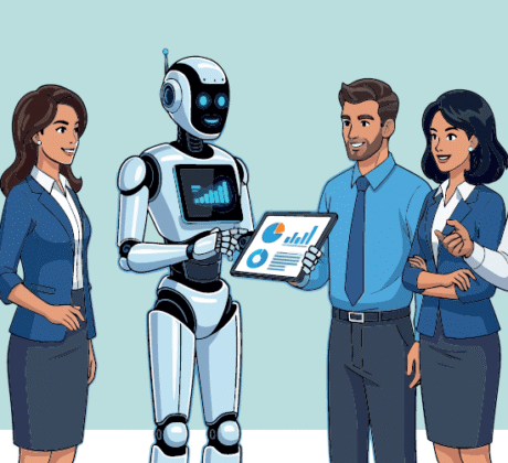 Computeranimiertes Bild eines Office-Teams in Business-Outfits und in ihrer Mitte steht ein stilisierter Roboter mit iPad.