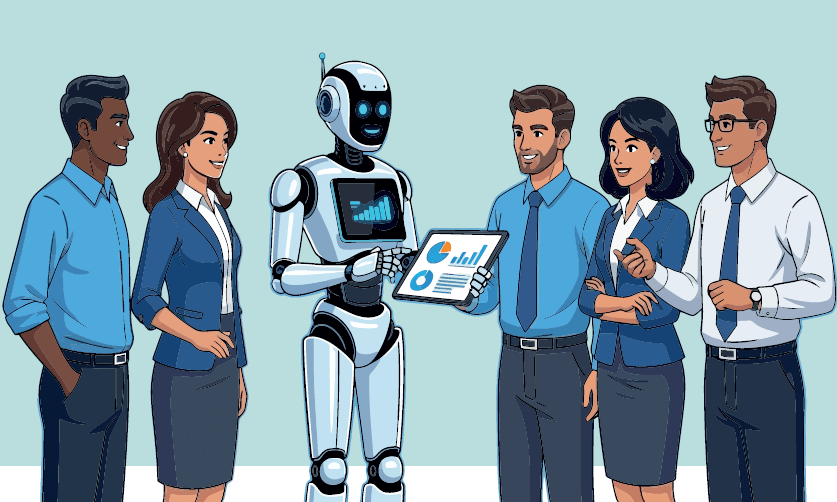 Computeranimiertes Bild eines Office-Teams in Business-Outfits und in ihrer Mitte steht ein stilisierter Roboter mit iPad.