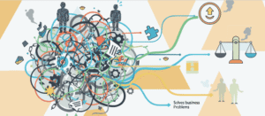 Durcheinander aus Kabeln, Fäden und Puzzleteilen, das sich zu einer Waage im Gleichgewicht entwirrt – Sinnbild für optimierte Buchungen