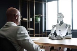 Fotorealistisches Bild von Bürosituation mit Business-Menschen und Roboter.
