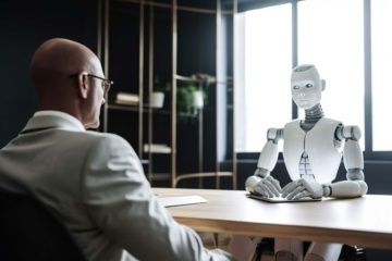 Fotorealistisches Bild von Bürosituation mit Business-Menschen und Roboter.