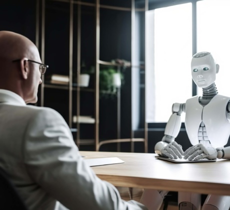 Fotorealistisches Bild von Bürosituation mit Business-Menschen und Roboter.
