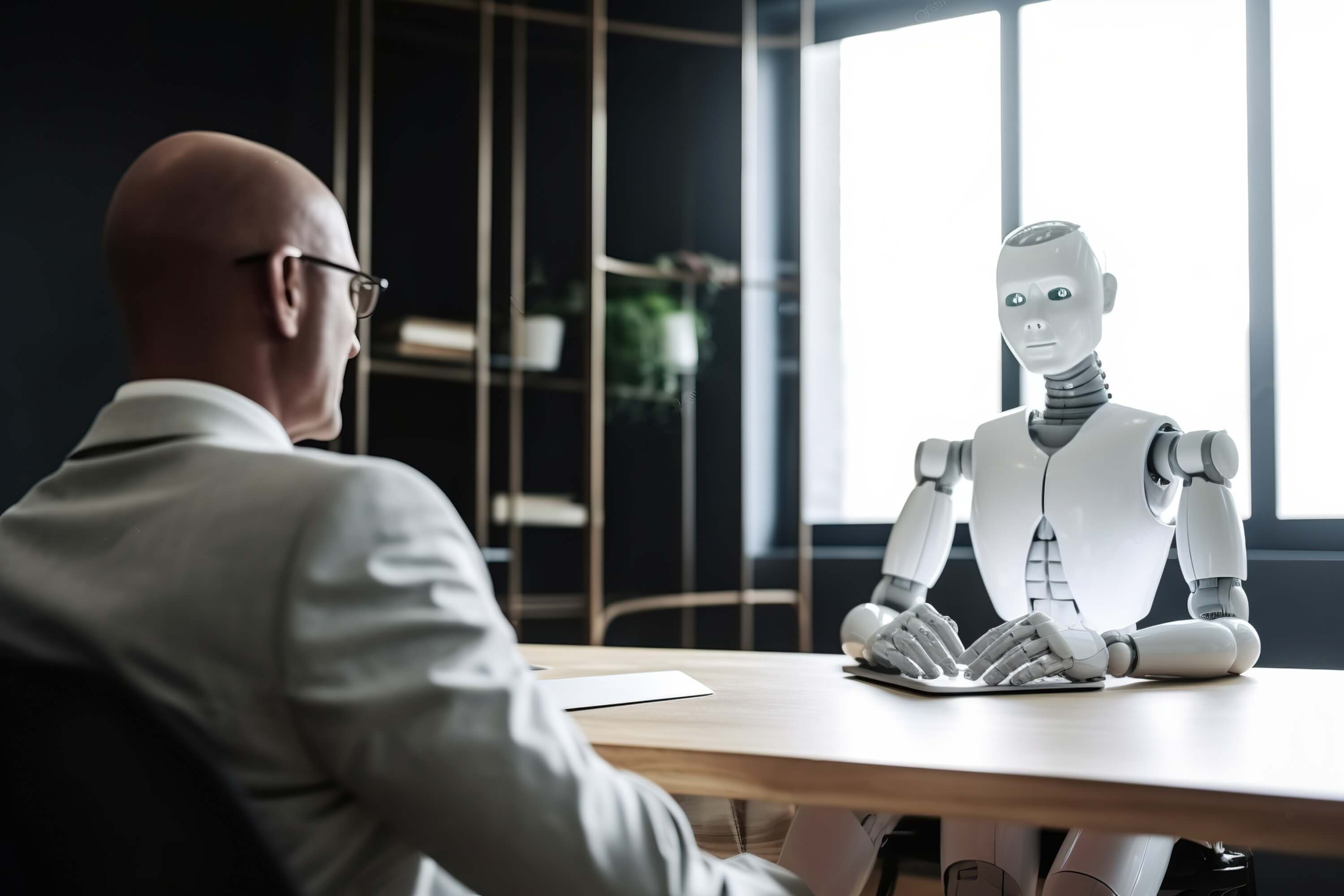 Fotorealistisches Bild von Bürosituation mit Business-Menschen und Roboter.