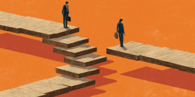 Bild mit orange-farbenem Hintergrund und zwei Wegen. der eine weg endet, während aus dem anderen eine Treppe wird. Symbol für Selbst-Reinvention im Job
