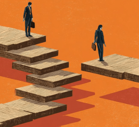 Bild mit orange-farbenem Hintergrund und zwei Wegen. der eine weg endet, während aus dem anderen eine Treppe wird. Symbol für Selbst-Reinvention im Job