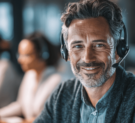 Mann, Mitte 40 mit Bart und Headset am PC, Symbolbild für Webinare