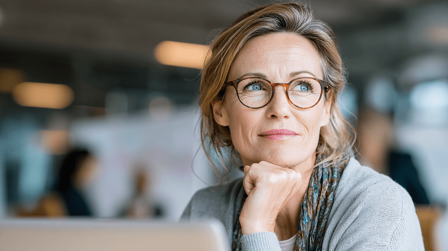 Aelbstbewusste Assistentin, Anfang 50 mit Brille, Symbolbild für Strategische Assistenz