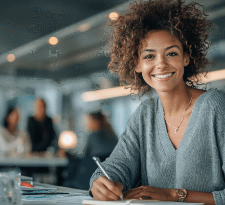 Sekretärin mit braunen Locken sitzt am Schreibtisch und schreibt eine Liste mit einem Schift. Symbolbild für Selbstwirksamkeit und Tadaa-Liste