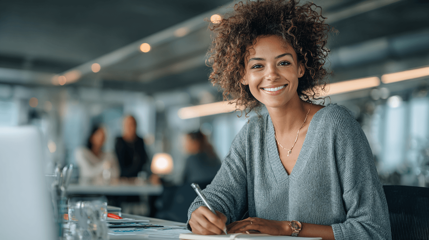 Sekretärin mit braunen Locken sitzt am Schreibtisch und schreibt eine Liste mit einem Schift. Symbolbild für Selbstwirksamkeit und Tadaa-Liste