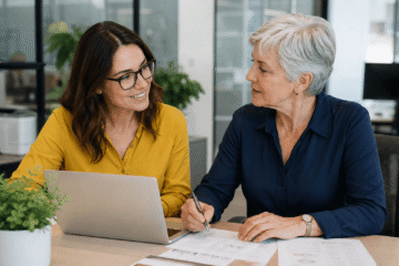 Zwei Assistentinnen am Schreibtisch. Übergabe bei Jobsharing.