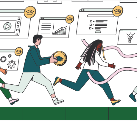 Illustration von vier Personen, die auf einem Fortschrittsbalken von 0 % bis 100 % laufen. Sie passieren Bildungs-Icons wie Lernplattformen, eine Abschlussmütze und eine Urkunde