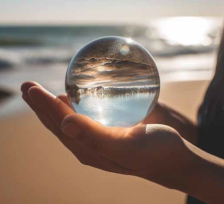 Eine Hand hält eine Glaskugel am Strand, in der sich der Himmel und das Meer auf dem Kopf stehend spiegeln.